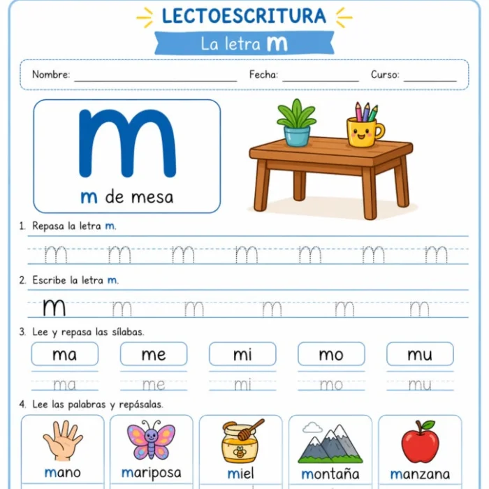 Ficha de lectoescritura de la letra m con repaso, sílabas y palabras